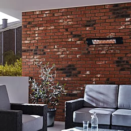 Heatscope Heaters Next 3000W Radiant Heater detail reveals white aluminium slimline electric infrared wall-mounted patio heater.