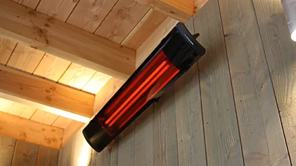 Heatscope Heaters Pure 3000W Radiant Heater wall‑mounted in a private residence kitchen, electric infrared heating.