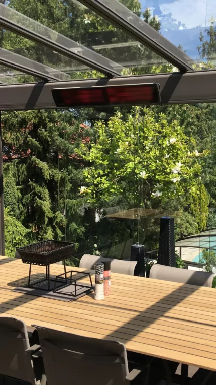 Heatscope Vision 3200W Radiant Heater trims a private residence patio ceiling, delivering silent infrared patio heating performance.