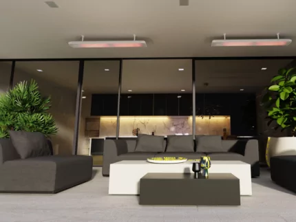 Heatscope Vision 3200W Radiant Heater mounted above patio seating in a private residence, delivering discreet electric warmth.
