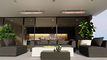 Heatscope Vision 3200W Radiant Heater mounted above patio seating in a private residence, delivering discreet electric warmth.